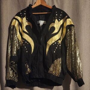 Lillie Rubin Black and Gold Embellished Bomber Jacket
